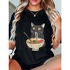 Women Casual T Shirt Black Cat Eating Ramen Noodle Print Loose Fit Top For Daily Wear And Home Comfort