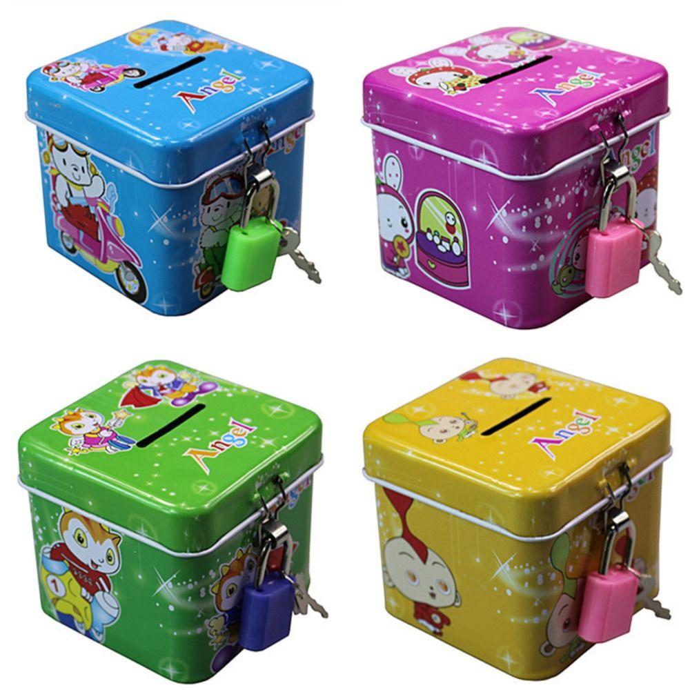 With Lock and Key Tinplate Piggy Bank Cartoon Print Design High Capacity Coin Savings Box Cute Iron Art Storage Jar Bedroom