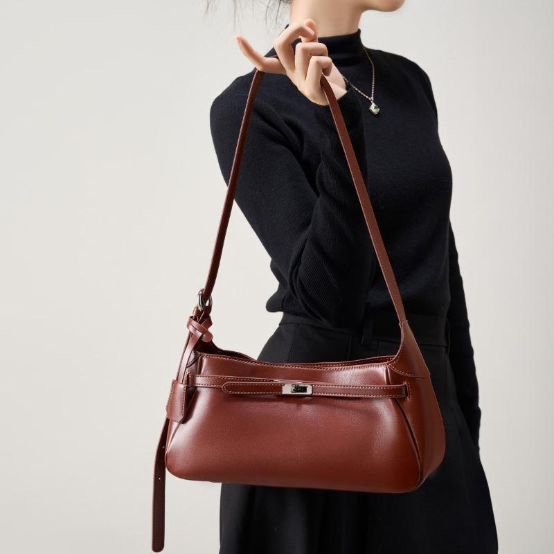 French Underarm Bag Women's Bag Oil Wax Cowhide Shoulder Bag Niche Design High-grade Retro Crossbody Bag