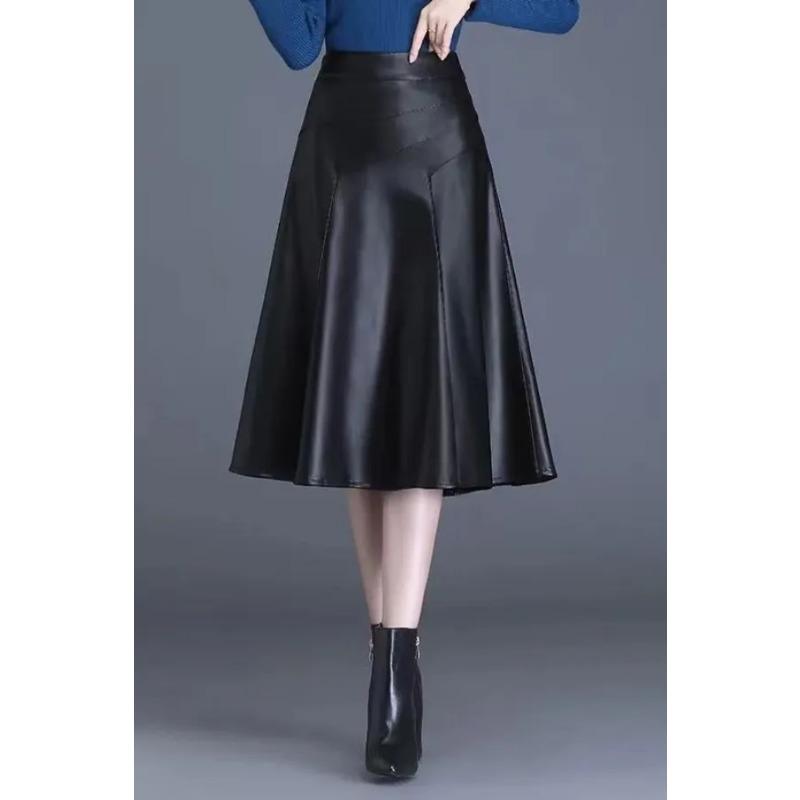Women's High Waisted Faux Leather A-Line Midi Skirt
