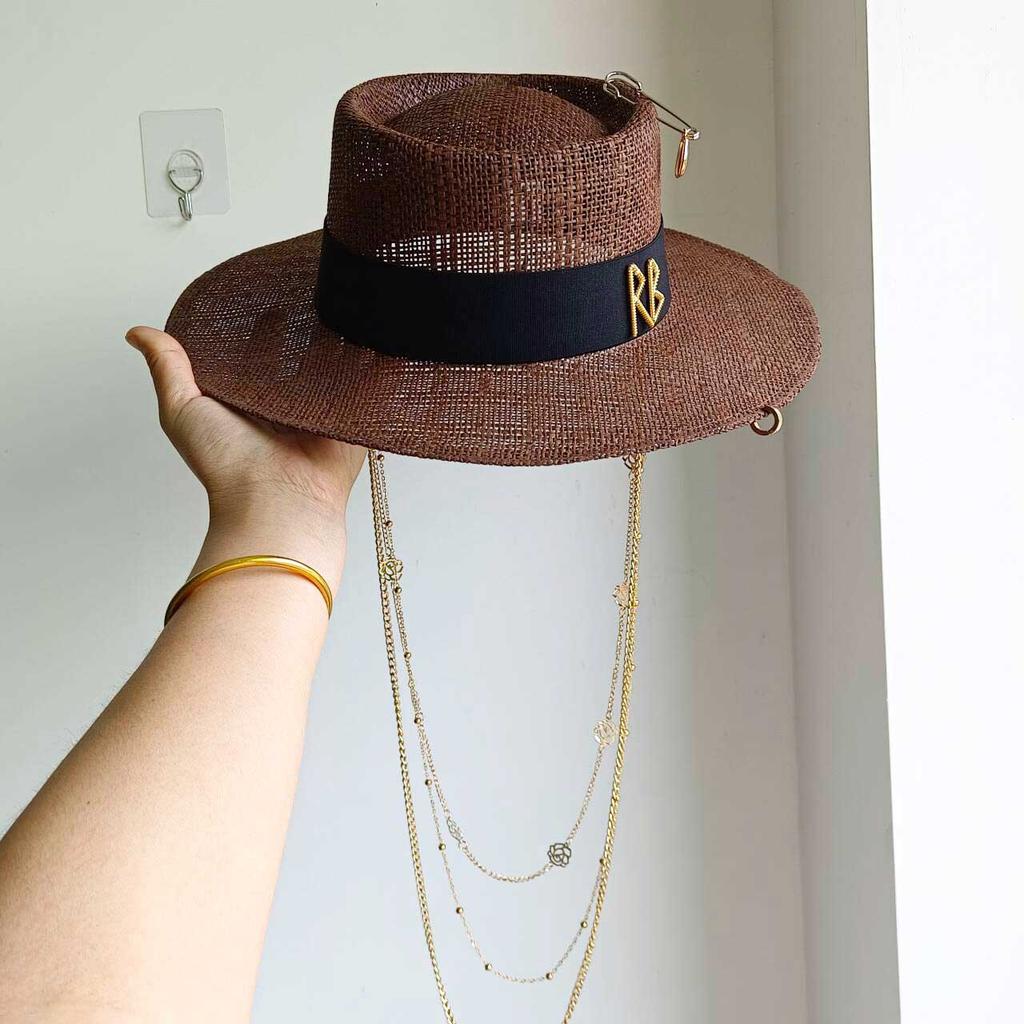 Silver Straw Hat Pearl Chain Hat DIY Flat Top Sun Hat New Korean Elastic Ribbon Hat Beach Hat Candy Color Sun Hat Sombreros Pa