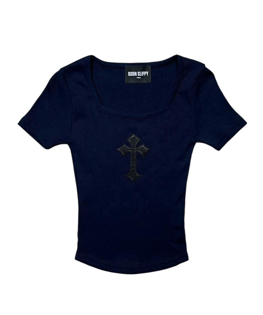 Bonseullipi Cross Square Neck T-Shirt (Navy)
