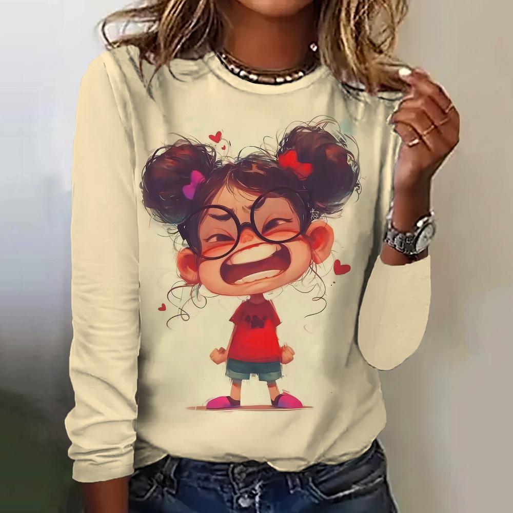 Women's Funny Girl Printed T-shirt O-neck Long Sleeve Solid Color Clothes Simple Pullover New Character Printed Long Sleeve