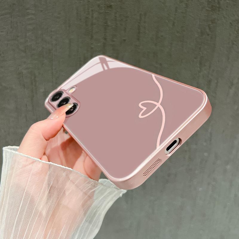 Pink line heart-shaped pattern glass phone case suitable for Samsung Galaxy S26 S25 S24 S23 S22 S21 S20 FE/Ultra/Plus anti drop