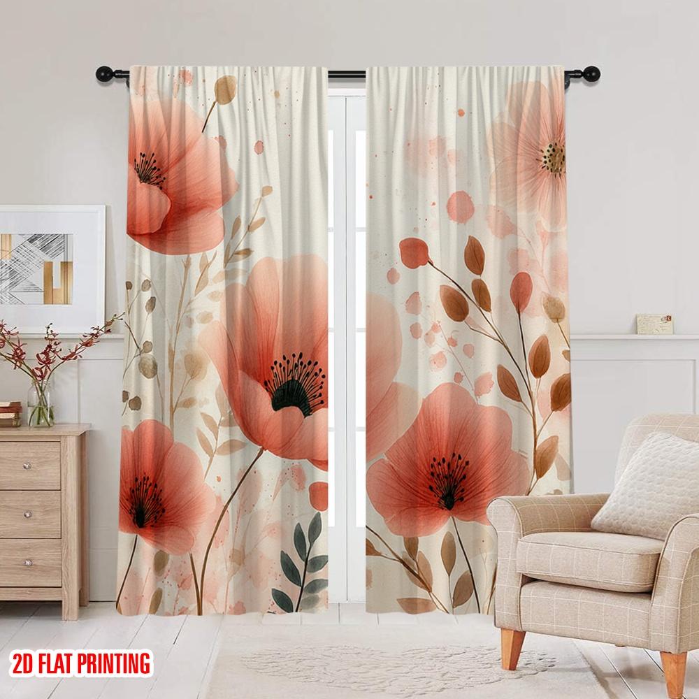 Flachdruck Party Fenstervorhänge Korallenblumen Aquarell Floral Polyester Ohne Strom Festlicher Wandvorhang Set von 2 Stück Hergestellt Waschbar