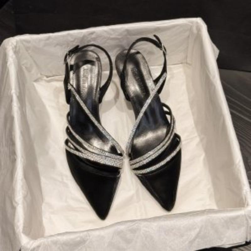 French Baotou Sandals Temperament 2025 Pointed Toe Summer New High Heels Rhinestone Women's Single Shoes