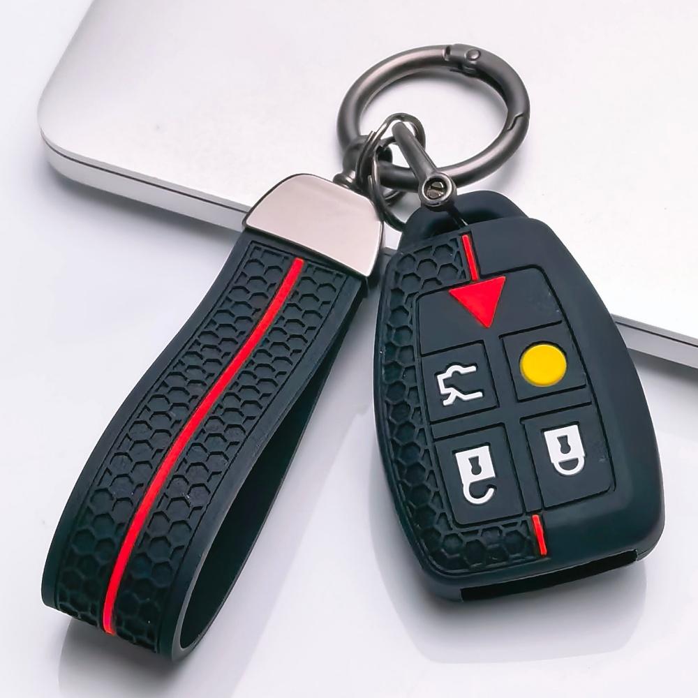 Silicone Key Fob Cover with Keychain for Volvo XC90 XC70 XC60 S80 S60 V70 V50 C30 This Soft Protective Key Case Fits 5 Button Smart Remote Keys It