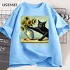 Van Gogh's Cat Art Print T Shirt Funny Graphci T Shirts Cotton Trendy Summer Loose Short Sleeved T-shirt Men Women Harajuku Top