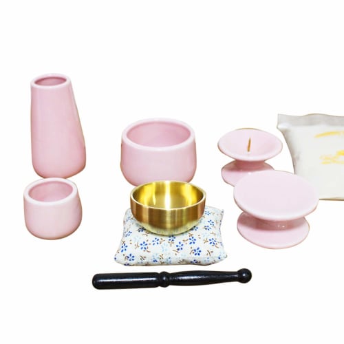 Mini 7-Piece Buddhist Altar Set: Orin (Buddhist Bell), Incense Burner, Incense Ash, Candle Holder, Vase, Teacup, and Offering Stand (Pink)