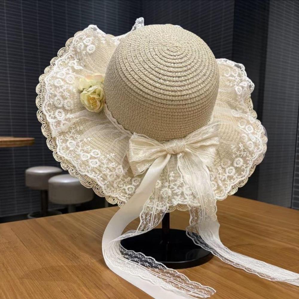 Elegant Lace Bow Sun Hat Breathable Straw Adjustable Beach Hat Lace Ruffle Sun Visor Hats Summer Beach