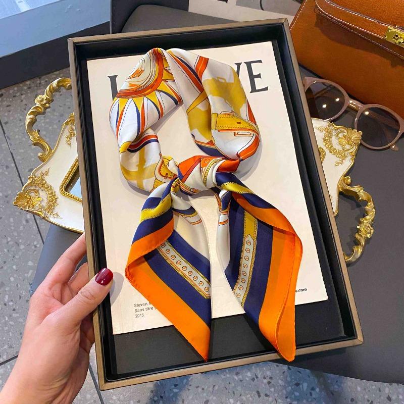 New Striped Silk Scarf Simulation Silk Small Square Scarf Simple Fashion Professional Scarf Silk Scarf Square Scarf High-end Matching