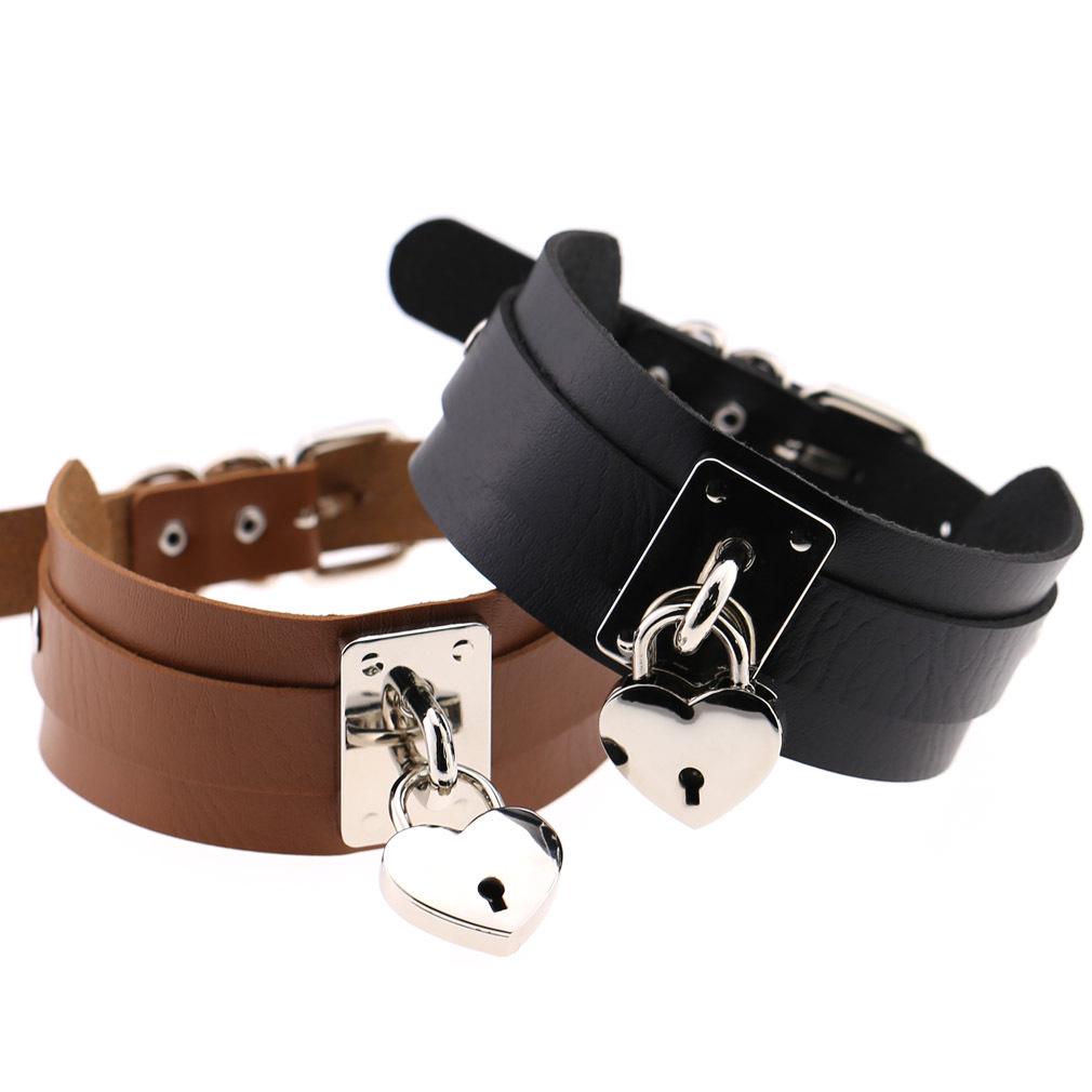 Exaggerated European-American Style PU Leather Double-Layer Heart Lock Necklace Collar