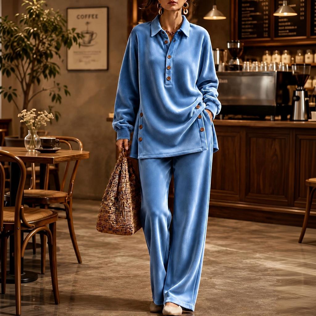 Damen Langarm Samt Zweiteiler Set - Lässiges Lockeres Outfit
