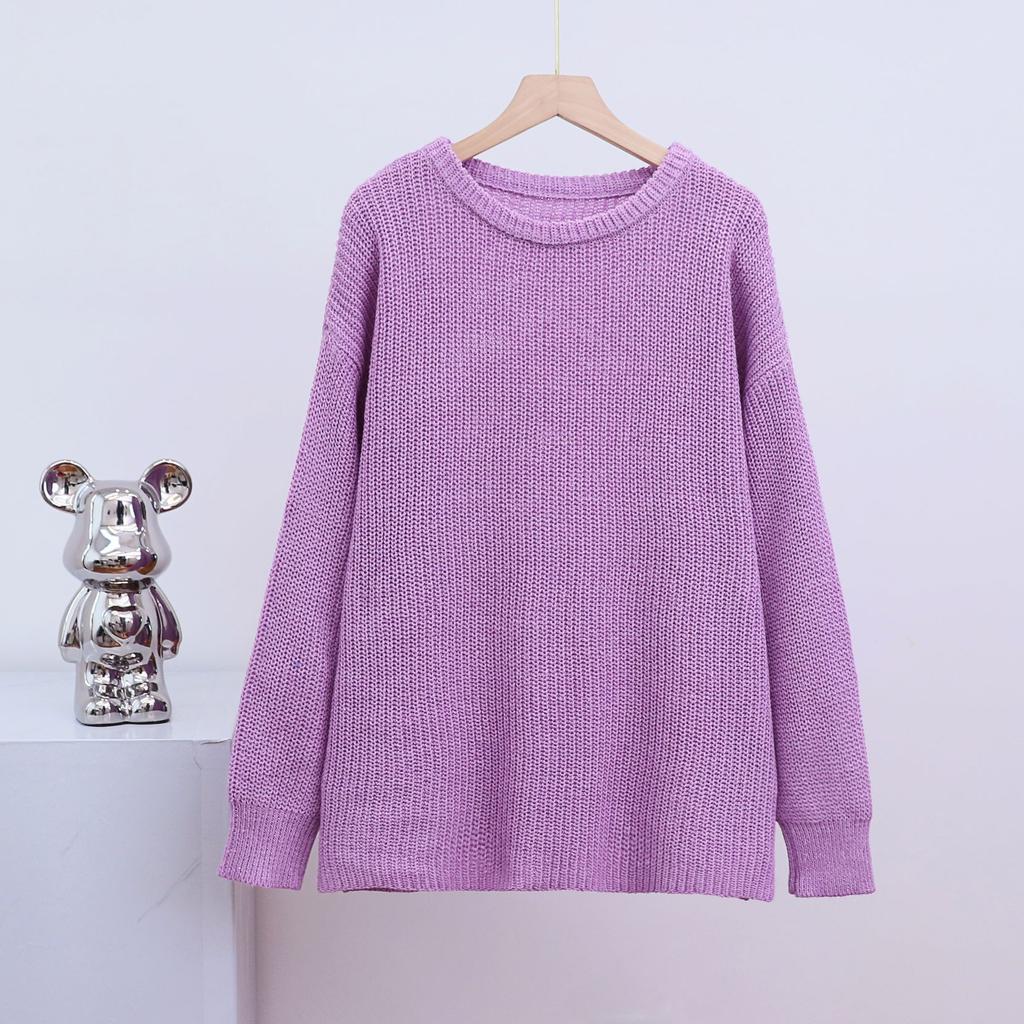 Womens And Winter Autumn Loose Round Neck Solid Colour Long Sleeve Knitted Sweater