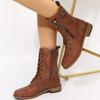 New Women's Boots Fashion Side Zip Round Toe Biker Boots Solid Color Lace-Up Chunky Heel Casual Shoes Coturno Feminino