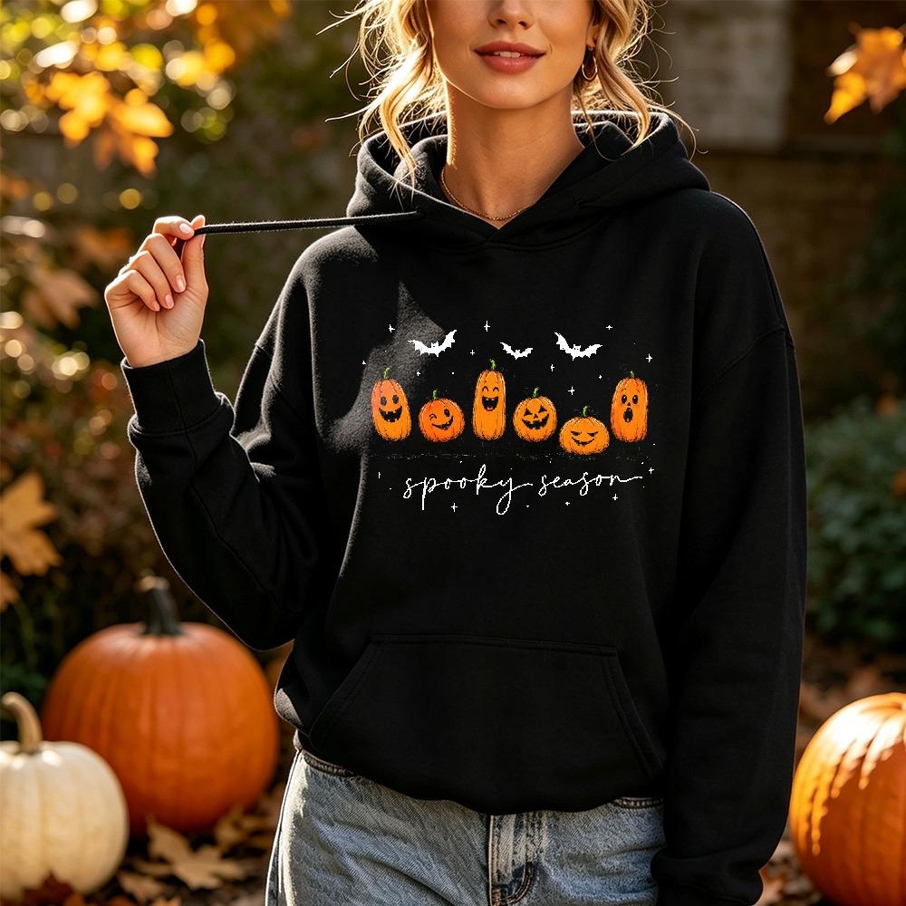 Spooky Season Cute Pumpkin Jack O Lantern Print Hoodie Women Halloween Fall Autumn Funny Graphic Long Sleeve Pullover Top