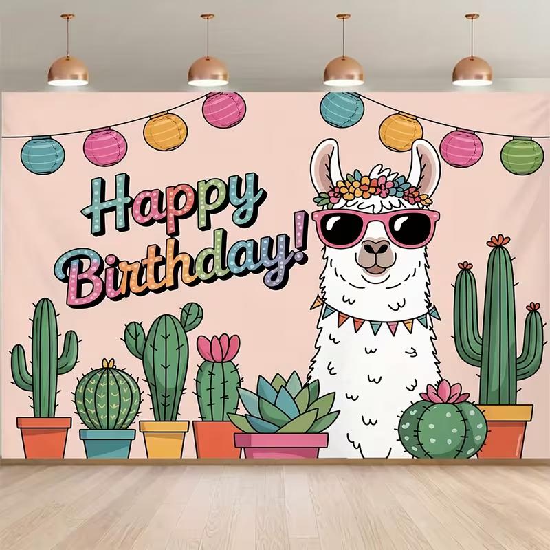 2D Llama Cactus Happy Birthday Backdrop Kids Fiesta Party Photography Background Banner