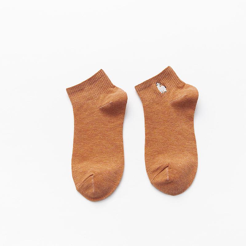 Women's Cute Cartoon Embroidered Mid-Calf Socks - Short, Thin Cotton, Korean & Japanese Style for Spring/Autumn