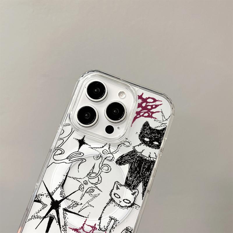 Étui de chargement sans fil Cool Chat Graffiti pour iPhone 17 Air 16 E 15 14 Plus 13 12 Mini 11 Pro Max Coque de protection transparente avec bordure en silicone