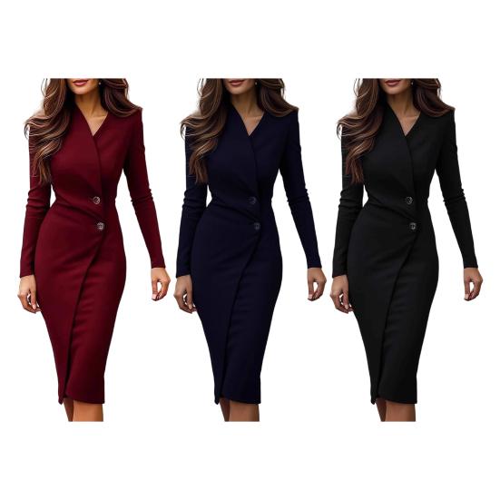 Women's Long Sleeve Bodycon Sheath Dress V Neck Business Cocktail Party Work Dress Knee Length Midi Wrap Dress