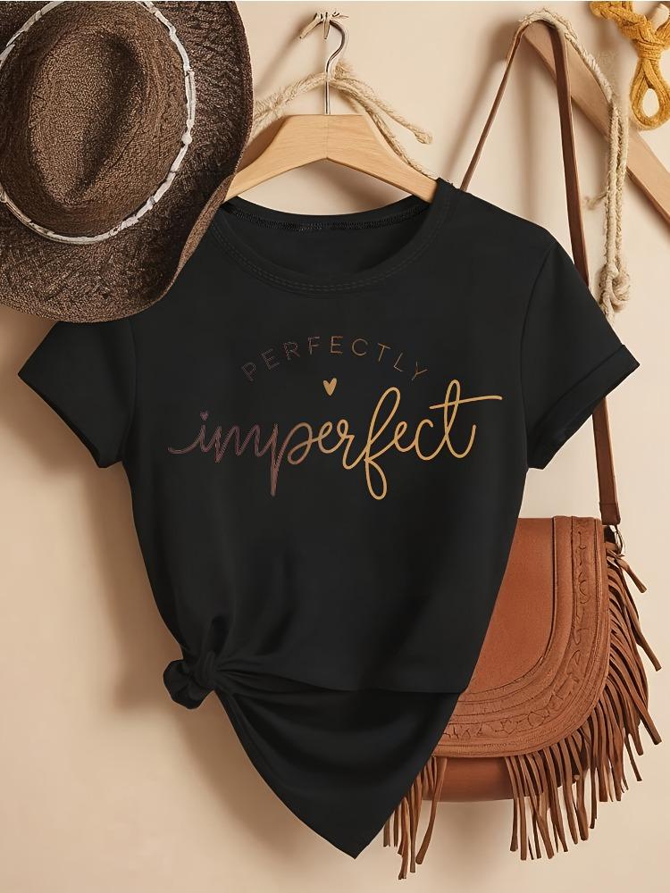 Womens Casual Crew Neck TShirt with Perfectly Imperfect Slogan Crew Neck Cotton Short Sleeve Letter Print Top