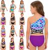 2 részes Gyerek Lány Fürdőruha Szett: Aszimmetrikus egyvállpántos, keresztezett pántos, mintás crop top, hozzáillő alsóval medencéhez, strandra