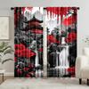 2 pièces Rideaux en Polyester Peinture à l'Encre Paysage Japonais   Passants pour Tringle   Semi-Transparents   Panneaux Décoratifs pour Chambre à Coucher