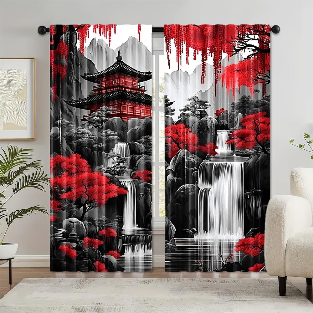 2 pièces Rideaux en Polyester Peinture à l'Encre Paysage Japonais   Passants pour Tringle   Semi-Transparents   Panneaux Décoratifs pour Chambre à Coucher