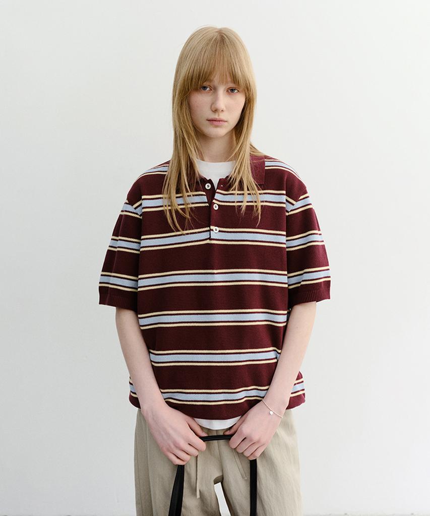 Deonseuteu Unisex Multi Striped Polo Knit_Udsw6B122_Burgundy / Sky Blue