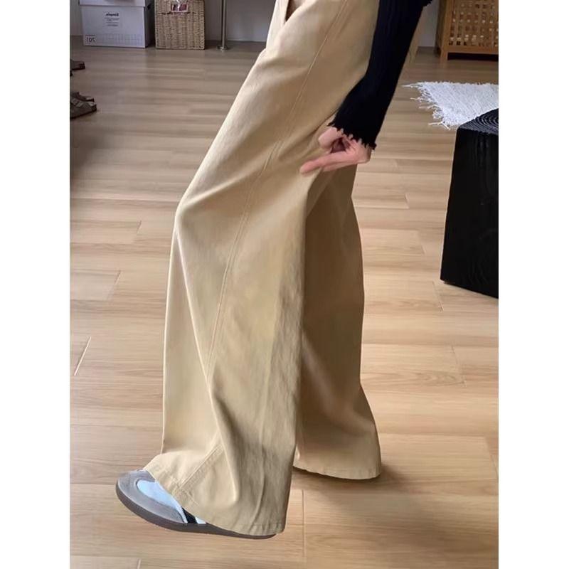 Damen Khaki Bindegürtel Weite Beine High Waist Locker Geschnittene Freizeithose