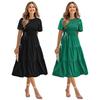 Women's Short Sleeve Smocked Midi Dress Summer Crew Neck Pleated Long Dress Casual Tiered Flowy A-line Dress