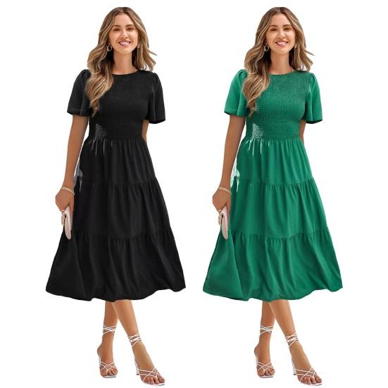 Women's Short Sleeve Smocked Midi Dress Summer Crew Neck Pleated Long Dress Casual Tiered Flowy A-line Dress
