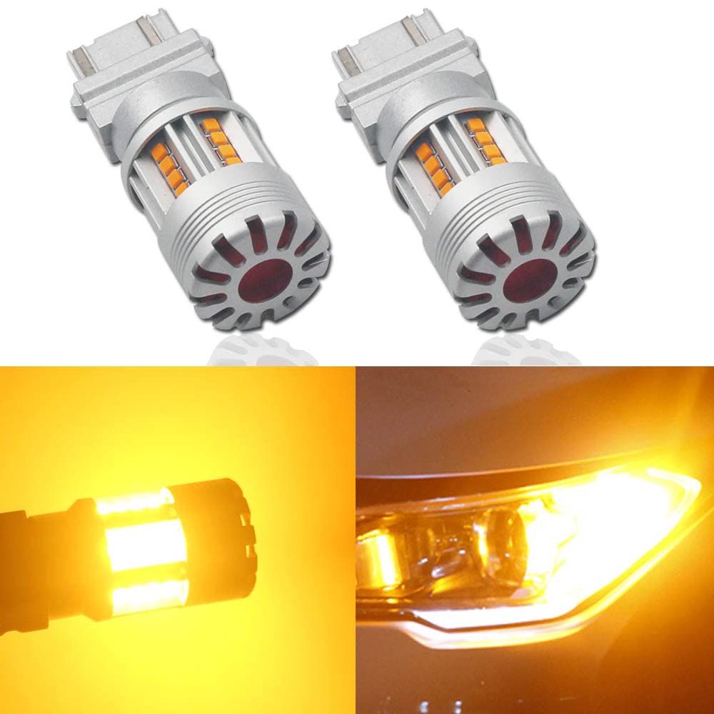 Eseastar T25 3157 P27/7W LED Turn Signal Bulb, Amber, Cooling Fan, Built-In CANBUS Canceller,