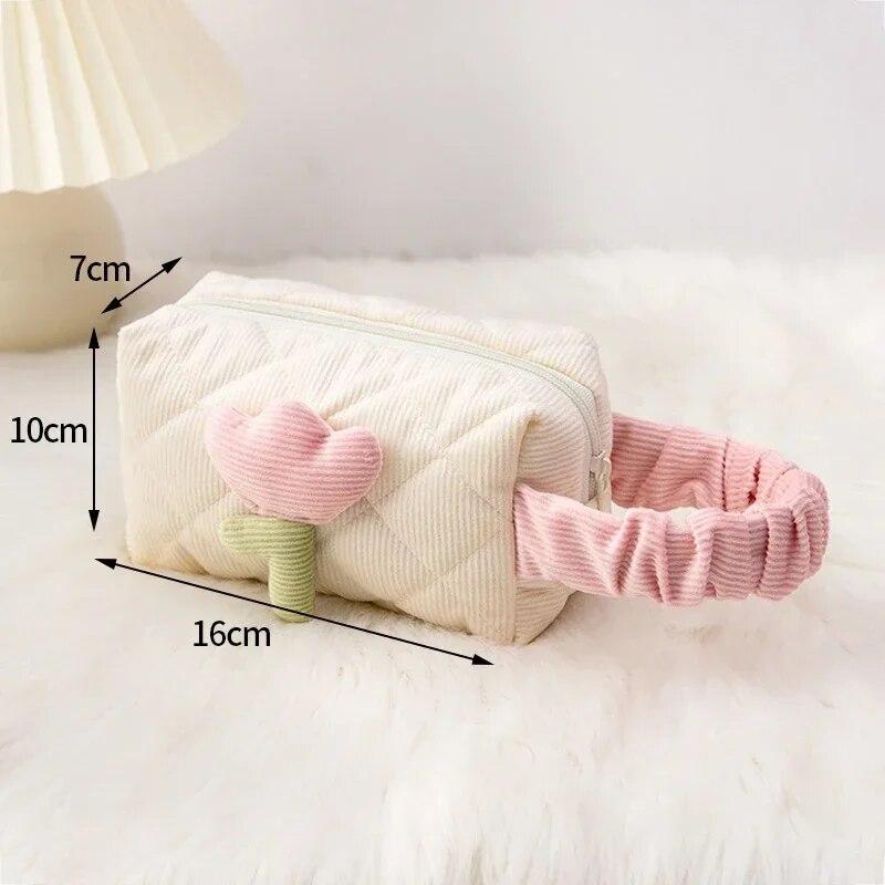 Ins Travel Cosmetic Bag Portable Tulip Makeup Pouch Corduroy Zipper Toiletry Organizer Large Capacity Storage Boxes Cases