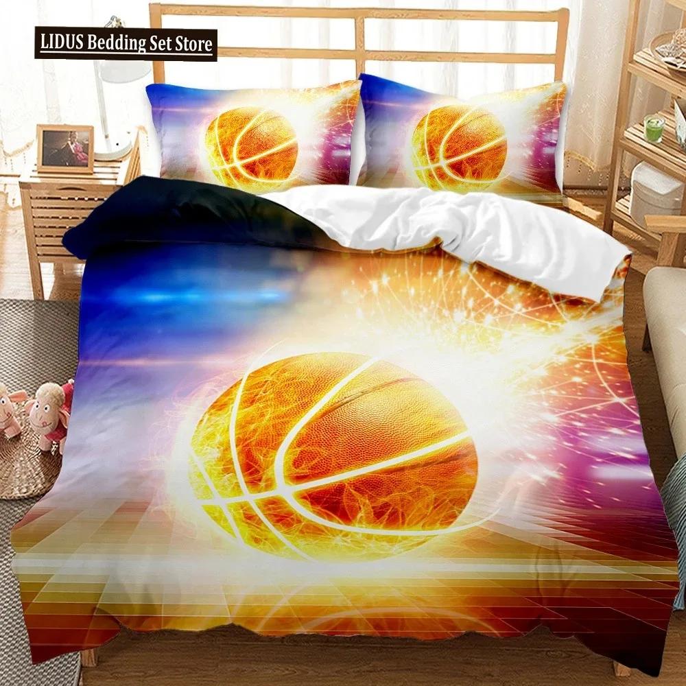 Basketball Duvet Cover Set 3D Print Cool Bright Fire Basketball Sport Comforter Cover For Kids Boy Girl Polyester Bedding Set