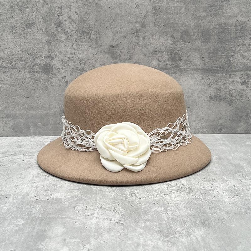 Lace Flower Ornament Textured Top Hat Socialite Woolen Hat Temperament Warm Bucket Hat