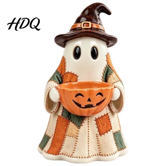 Indoor Fall Party Supplies Patchwork Ghost Halloween Decor Resin Spooky Statue Holding Candy Charming Interior Ornaments Bowl Cute Tabletop