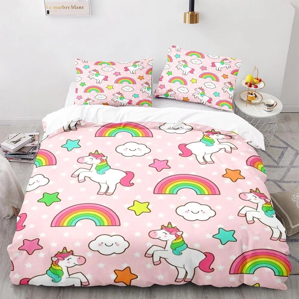 Cartoon Unicorn Pink King Queen Duvet Cover Kids Girls Lovely Animal Bedding Set Rainbow Quilt Cover Polyester Comforter Cover