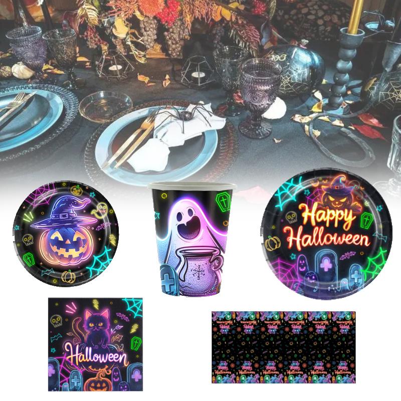 Eye-catching Halloween Glow In The Dark Disposable Party Supplies Set For 12 With Plates Cups Napkins And Table Cover