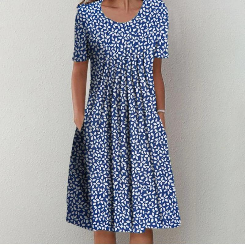 Frühlings- und Sommer-Freizeitkleider mit Druck für Damen in Übergröße Rundhals Kurzarm Locker Langes Kleid Damen Elegant Vintage Slim A-Linie Blumenkleid 26355