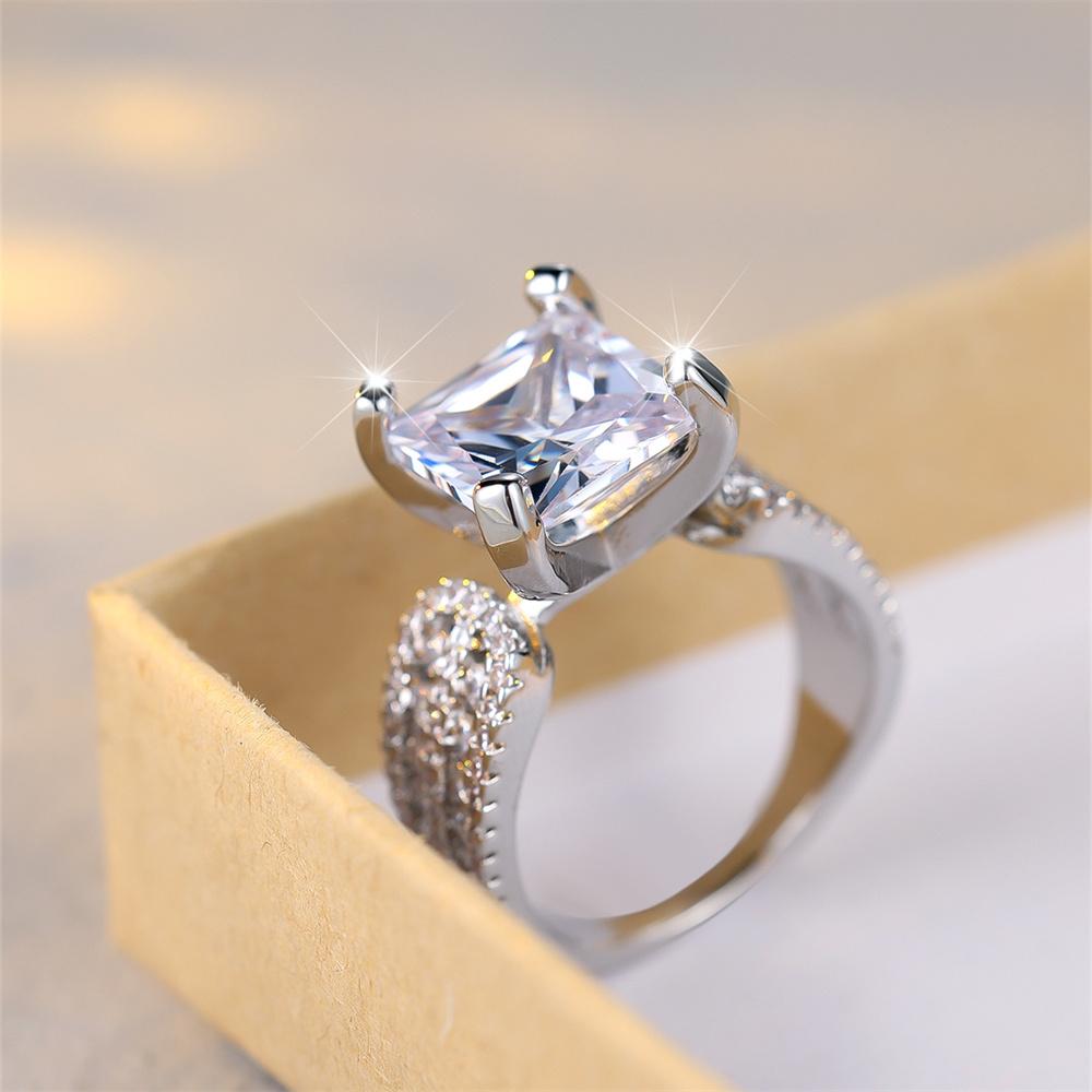 Princess Cut Crystal Big Square Stone Rings For Women Trendy Silver Color White Zircon Wedding Band Engagement  Gifts