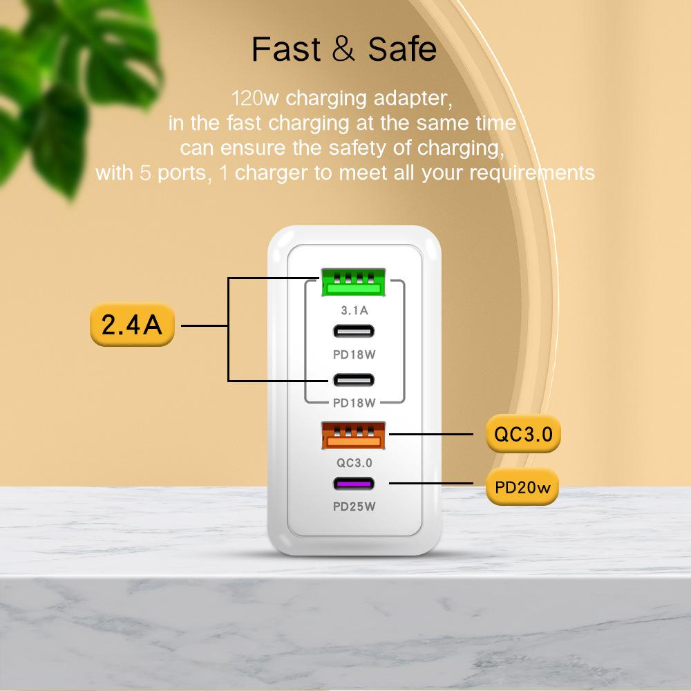 120W Mobile Phone Fast Charging Charger Type-c European PD + USB Suitable for Apple 15 Multi-port Charging Head