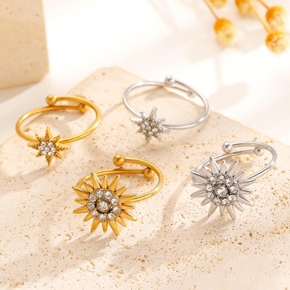 Charme Rétro Scintillant Zirconium Complet Tournesol Étoile Ouverture Réglable Bague pour Femmes Acier Inoxydable Bijoux de Doigt Accessoires