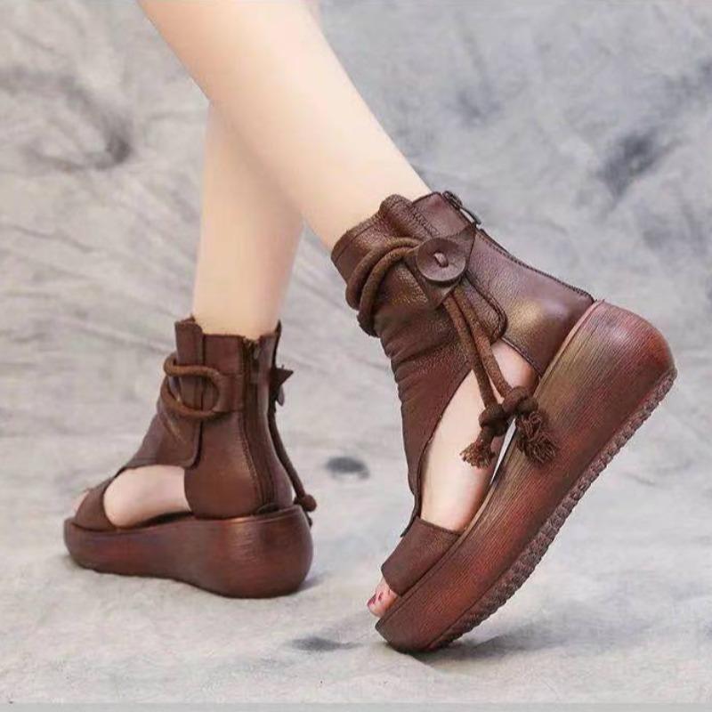 Women Sandals Summer Wedges Mid Heels Sandalias Platform Fish Mouth Sandals 2024Soft Sole PU Retro Cool Boots Sandalias De Mujer