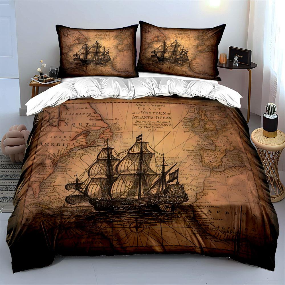 Vintage Ship & Map Design Bedding Duvet Cover Set Duvet Cover Pillowcases (1*Duvet Cover 2*Pillowcases, Without Duvet Insert)