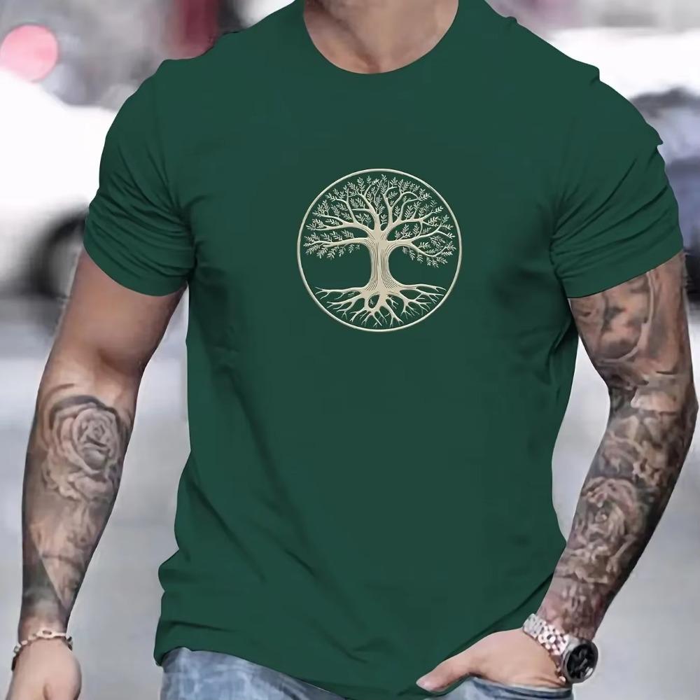 Men's Summer 100% Pure Cotton Fashionable Casual Sports Wide Pine Pattern Printed Sports Round Neck Short Sleeved T-shirt Top
