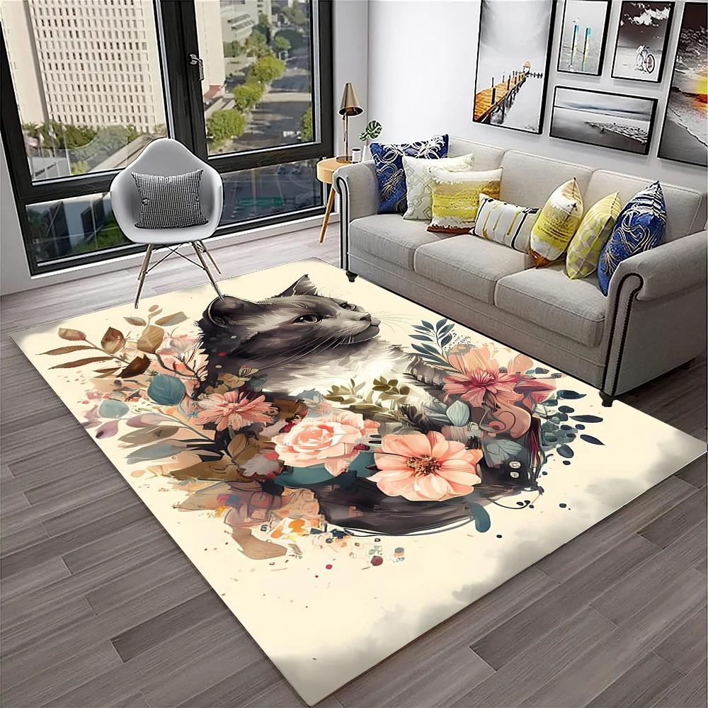 3D Niedliche Katze Blume Cartoon Teppich Teppich für Zuhause Wohnzimmer Schlafzimmer Sofa Fußmatte Dekor, Kinder Spielbereich Teppich Rutschfeste Bodenmatte