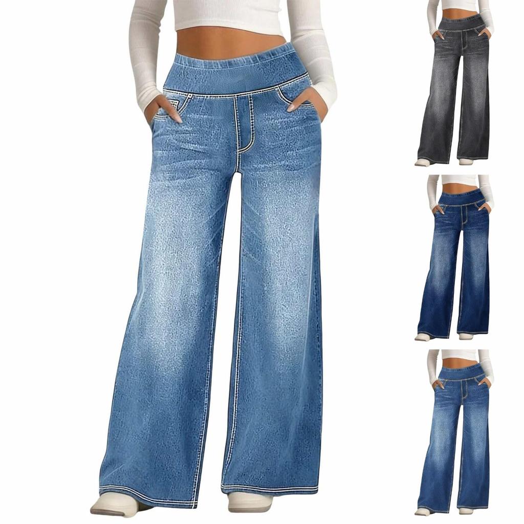 Dames denim broek met wijde pijpen en relaxte pasvorm, casual, hoge taille, rechte jeans