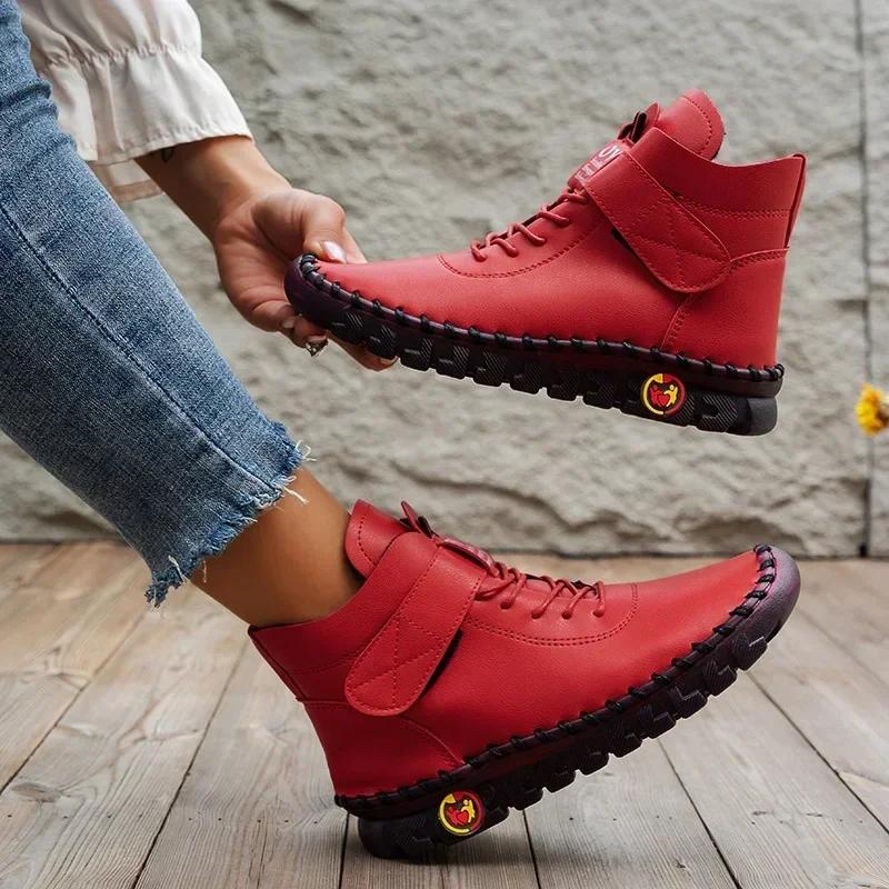 Fashion Woman's Leather High Top Cotton Shoes Trend Winter Flat Bottom Shoes for Woman Warm Cotton Shoes Soft Bottom Non-slip Boots