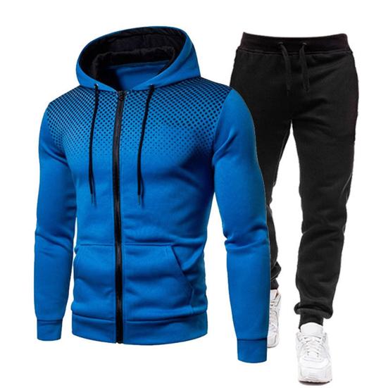 2Pcs/Set Men Sports Suit Drawstring Hooded Long Sleeve Tops Elastic Waist Trousers Set Fitness Outfit Exercise Casual Wear